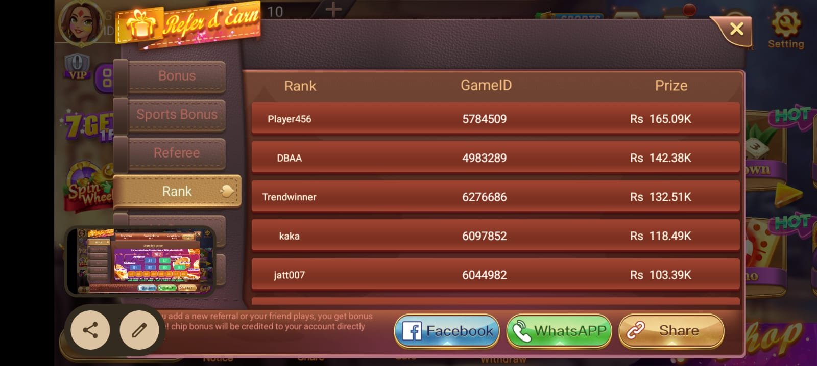 3Patti Loot refer and earn rank leaderboard - top winners prize Rs 165K