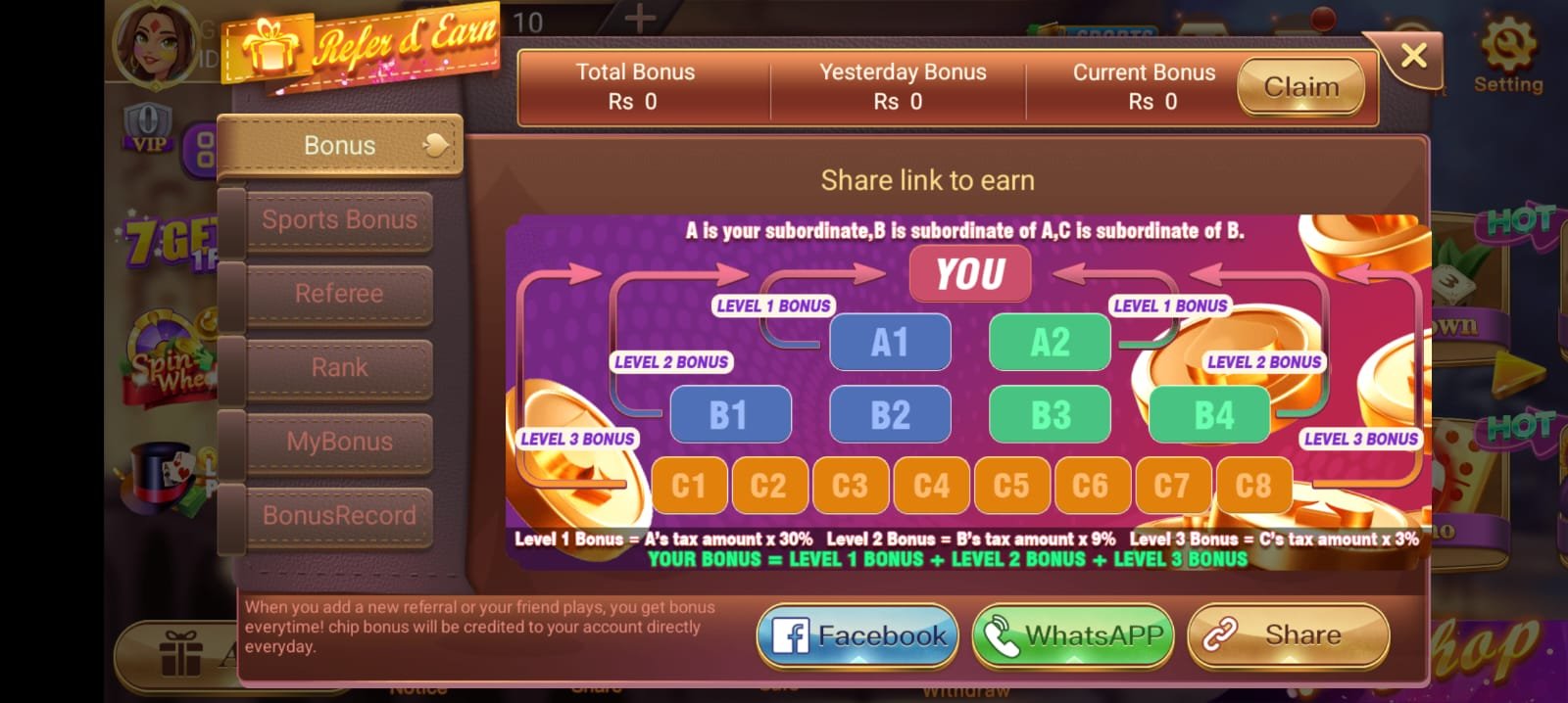 Teen patti loot refer and earn 3 level commission bonus system